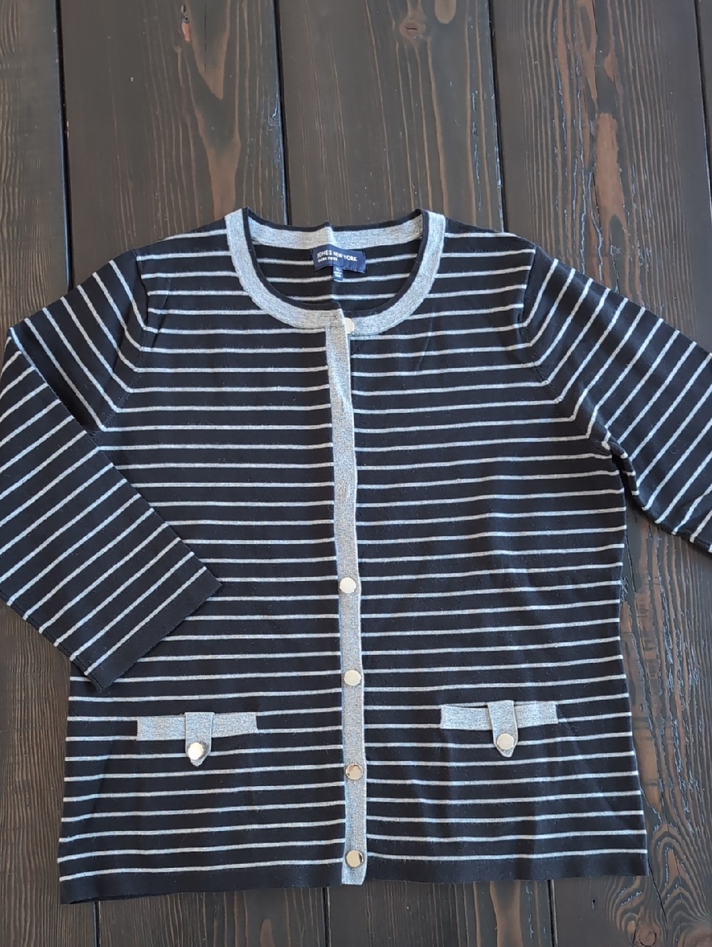 Jones New York Black and Gray Striped Knit Top, 3/4 Length Sleeve
